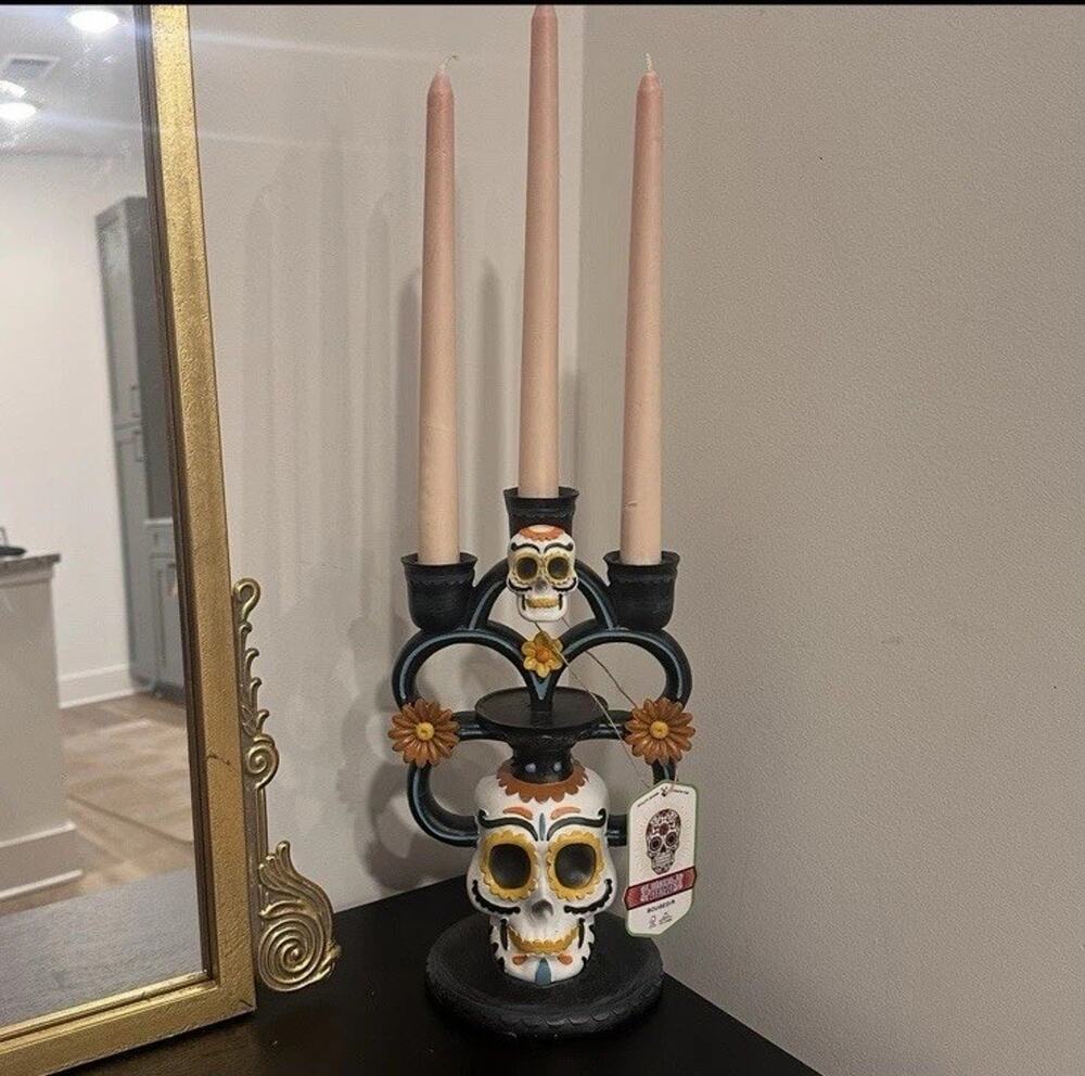 Halloween Day of the Dead NEW Dia De Los Muertos Skull Candle Holder Candelabra